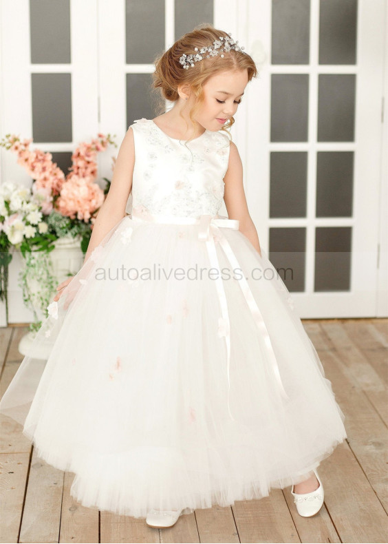 Ivory Lace Tulle 3D Flowers Country Flower Girl Dress